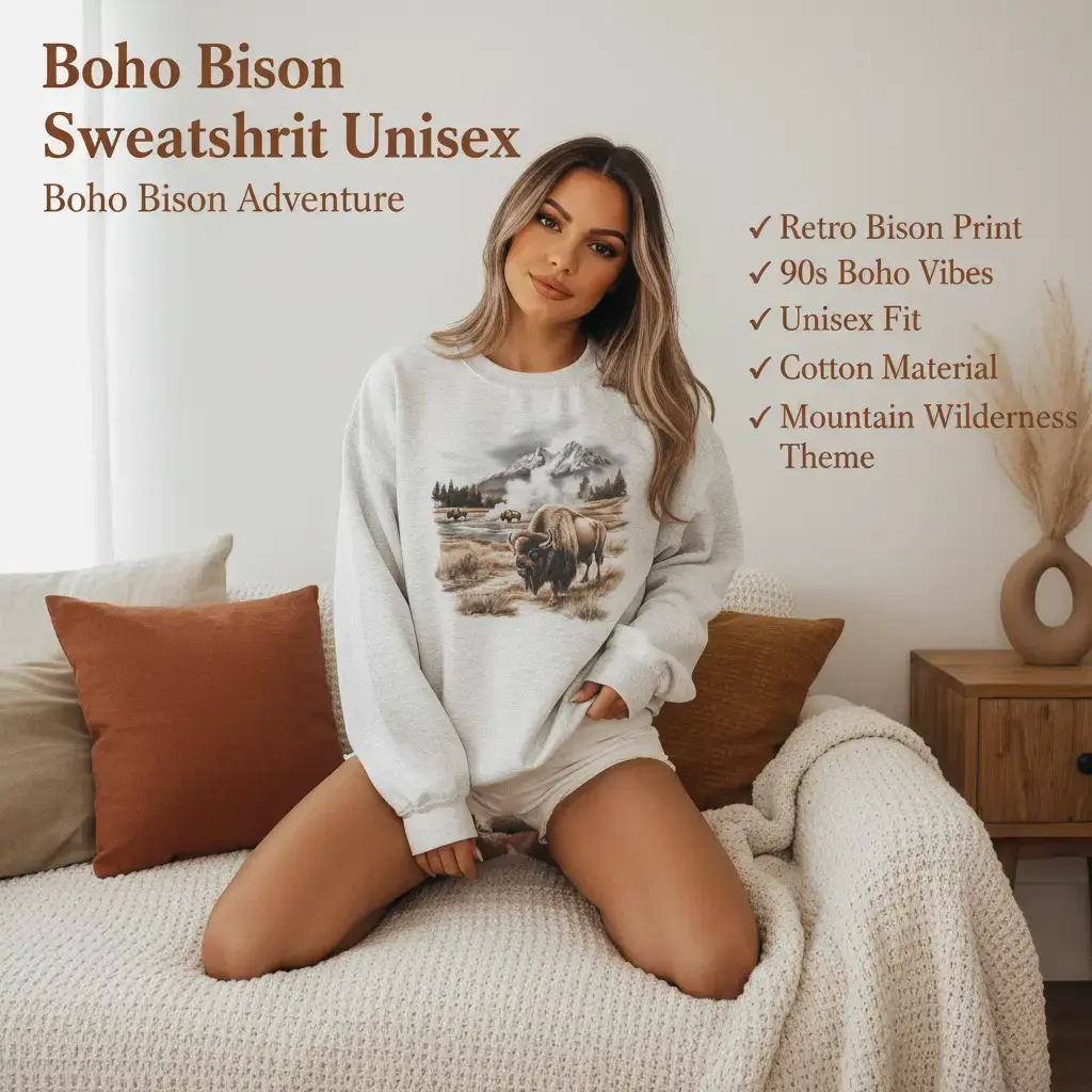 Retro 90s Bison Sweatshirt, Unisex Boho Cotton Pullover with Geyser Basin Mountain Scene, Casual Stylish Garment