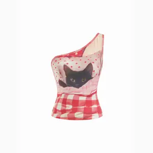 Cider Cotton-blend Asymmetrical Neck Cat Graphic Gingham Tank Top