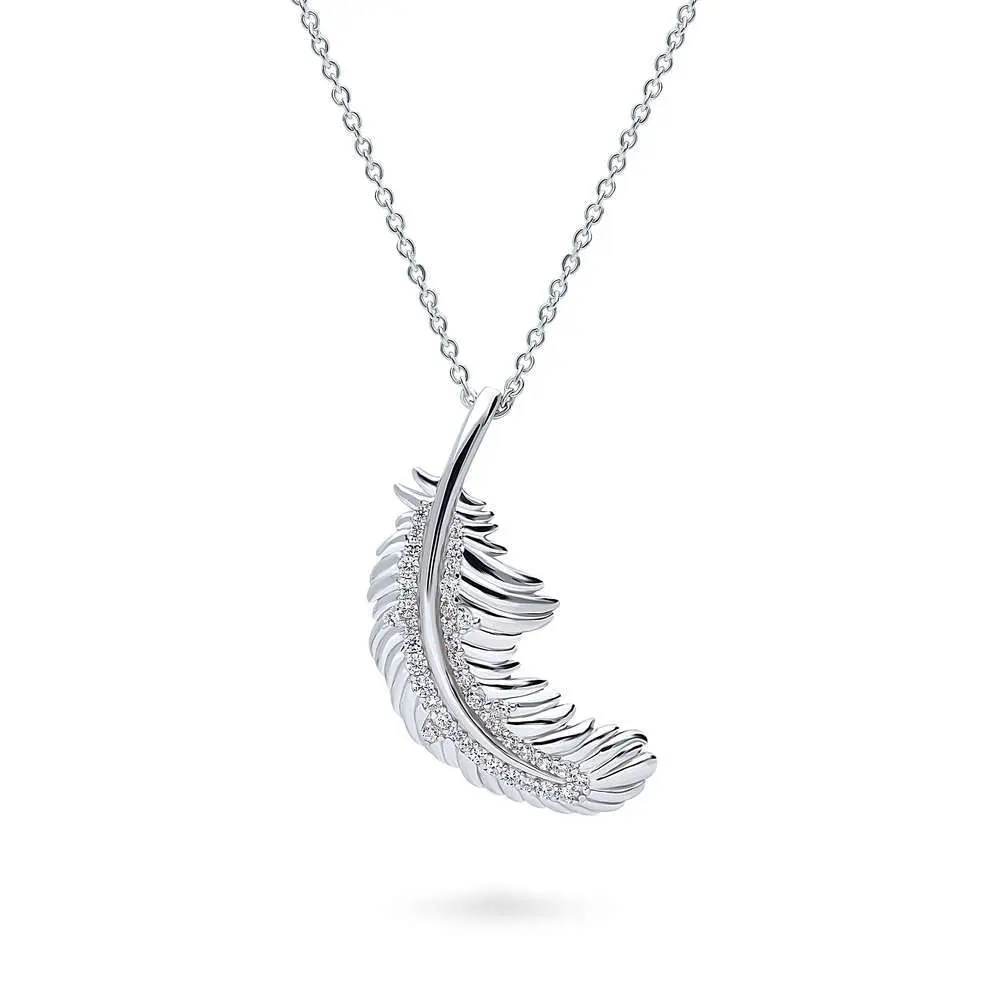 BERRICLE Sterling Silver Feather Pendant Necklace for Women, Cubic Zirconia CZ 16 inch, Yellow Gold Flashed/Rhodium Plated