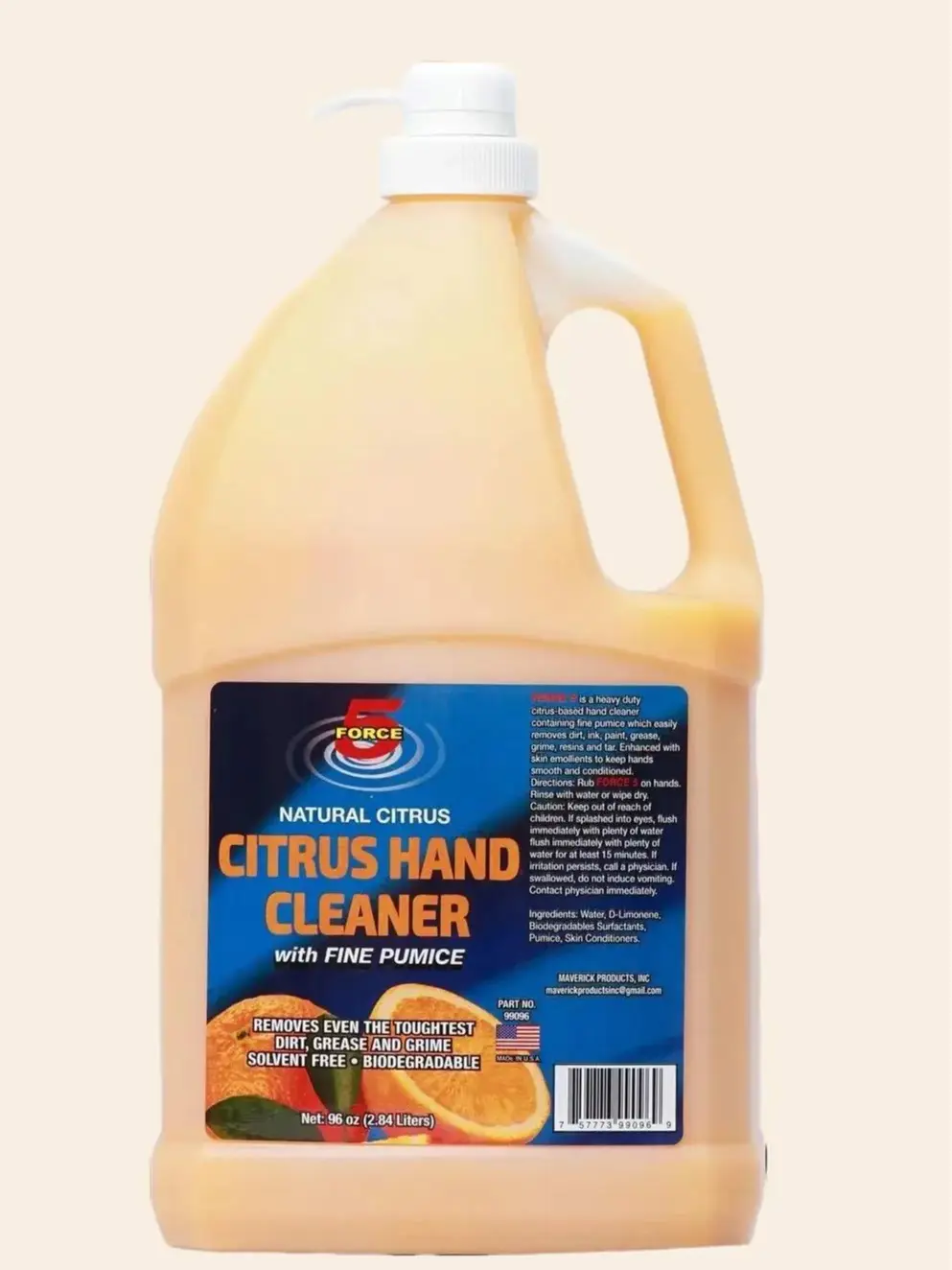 Force 5 Citrus Hand Cleaner With Fine Pumice. Fast Acting Lotion Hand Cleaner With Pumice Pump Bottle. Will Not Dry Out Hands.
