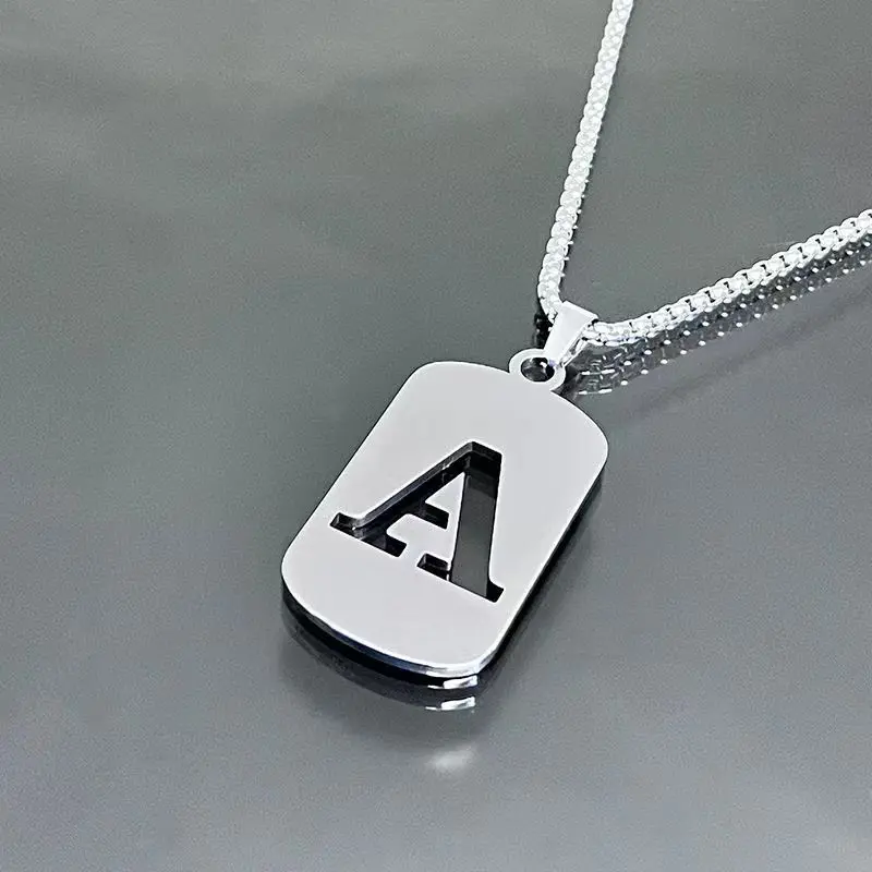 Initial Necklace for Men, Personalized A-Z Hollow Letter Dog Tag, 316L Stainless Steel Long Chain, Hip Hop Punk Jewelry for Him, Halloween Christmas Gift