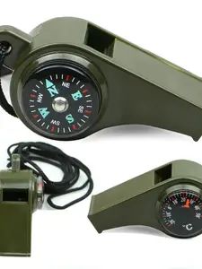 Olive Three-In-One Emergency Whistle with Compass Thermometer and Lanyard, Durable PP Material, Survival Tools, Outdoor Survival Supplies, Perfect for Camping Hiking Outdoor Activities