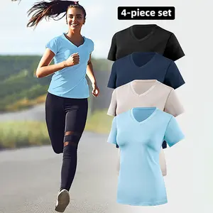4 women's sports running V-neck short-sleeved quick-drying fitness yoga breathable sweat-absorbing slim-fit T-shirt set sporty bra tank top Athletic Yoga Tops compression shirts oversized gym shirts compression shirt women