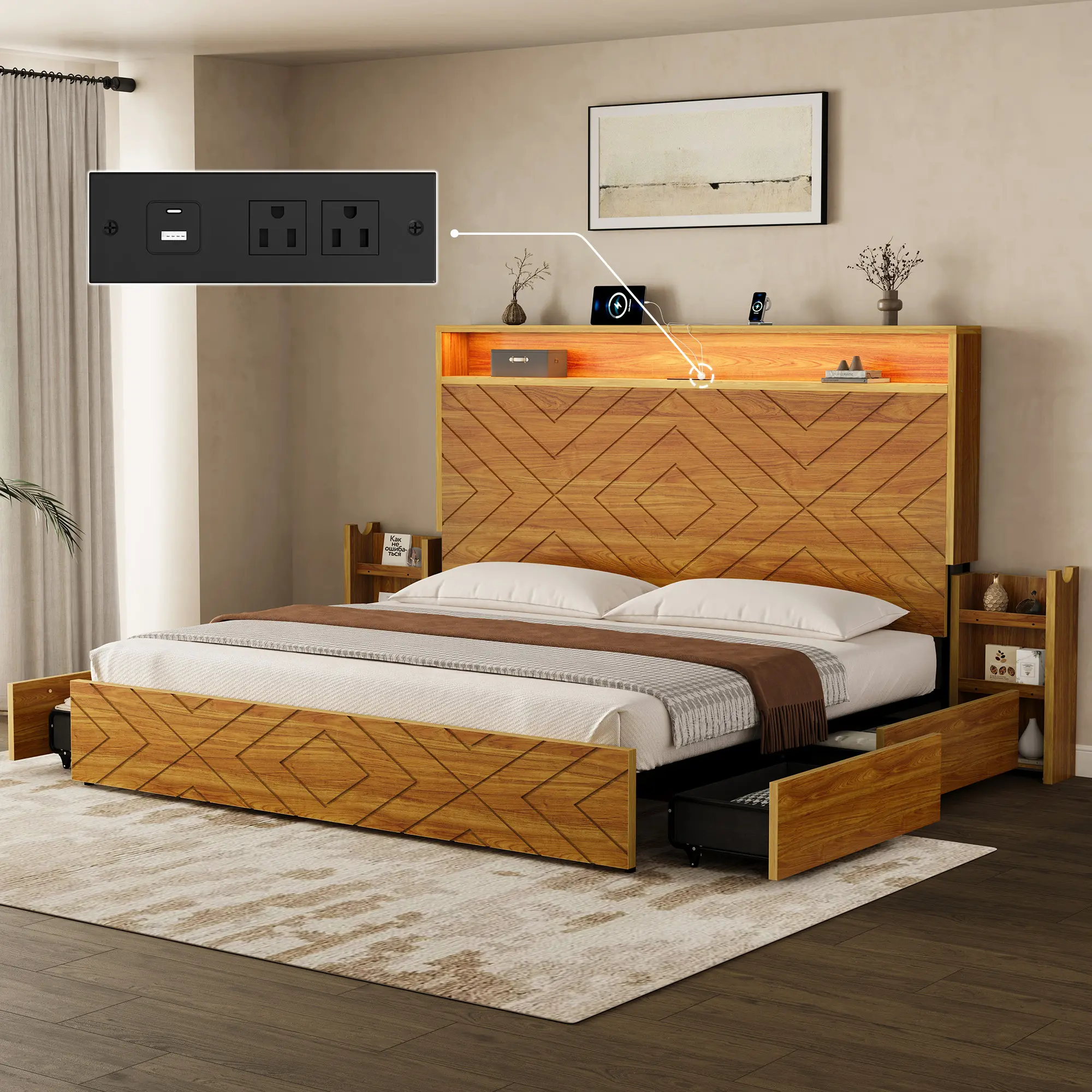 [Summer Sale Deals]Belffin King Size Bed Frame with 2 Bedside Stoage Racks & 4 Locking Drawers, 51.18" Tall Headboard with Charging Station & RGB LED Lights, Farmehouse Platform Bed Frame, No Box Spring Needed, Brown