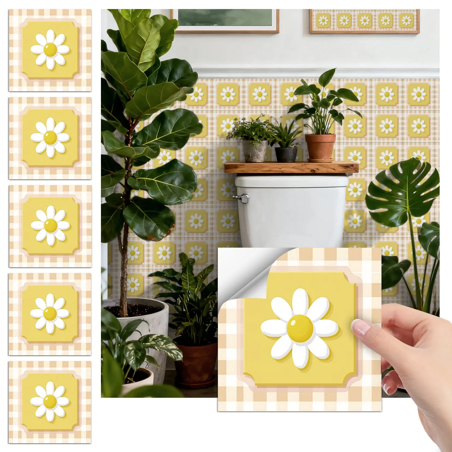 24PCS/Box FHZ Fresh Country Yellow Daisy Plaid Tile Stickers | Matte PET Peel & Stick | Waterproof Oil-Proof for Kitchen Backsplash Bathroom Bedroom Furniture Stairs