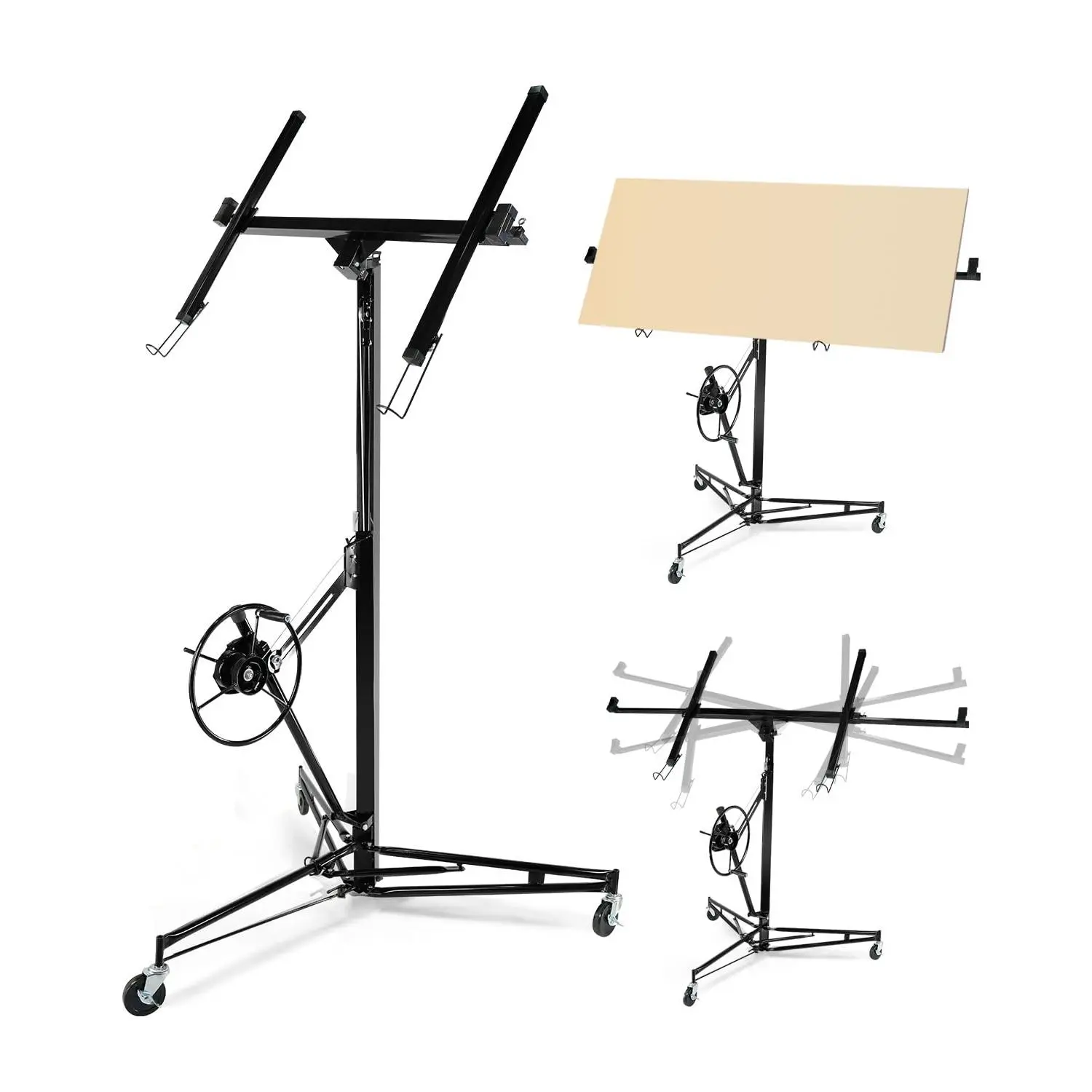GARVEE Heavy Duty Steel Frame Drywall Lift Jack, 150LB Capacity, 3.5FT-11FT Adjustable Height, 60° Tilting Arms, 360° Rotation, Wheels-Equipped Sheetrock Hoist for Ceiling & Wall Installation