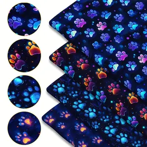 Cat Paw Print Quilted Fabric Roll, Pre-Cut Large Size 59x19.68 Inches, Polyester, Deep Blue with Neon Colors, DIY, Pet Bed, Tablecloth
