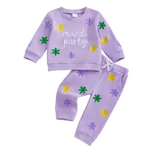 Toddler Baby Girls Mardi Gras Two Piece Outfit Waffle Knit Mardi Party Flower Sweatshirt Tops Jogger Pants Spring Clothes