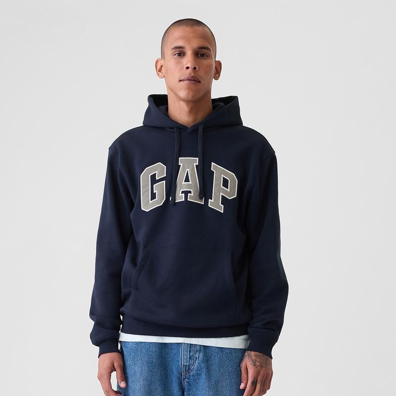 GAP Men's VintageSoft Arch Logo Hoodie Soft Brushed Sweatshirt Stylish Lounge Relaxed Fit 77% Cotton 23% Polyester Double-Layered Hood Drawcords Front Kanga Pocket