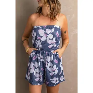 Gray Bandeau Floral Print Romper with Pockets