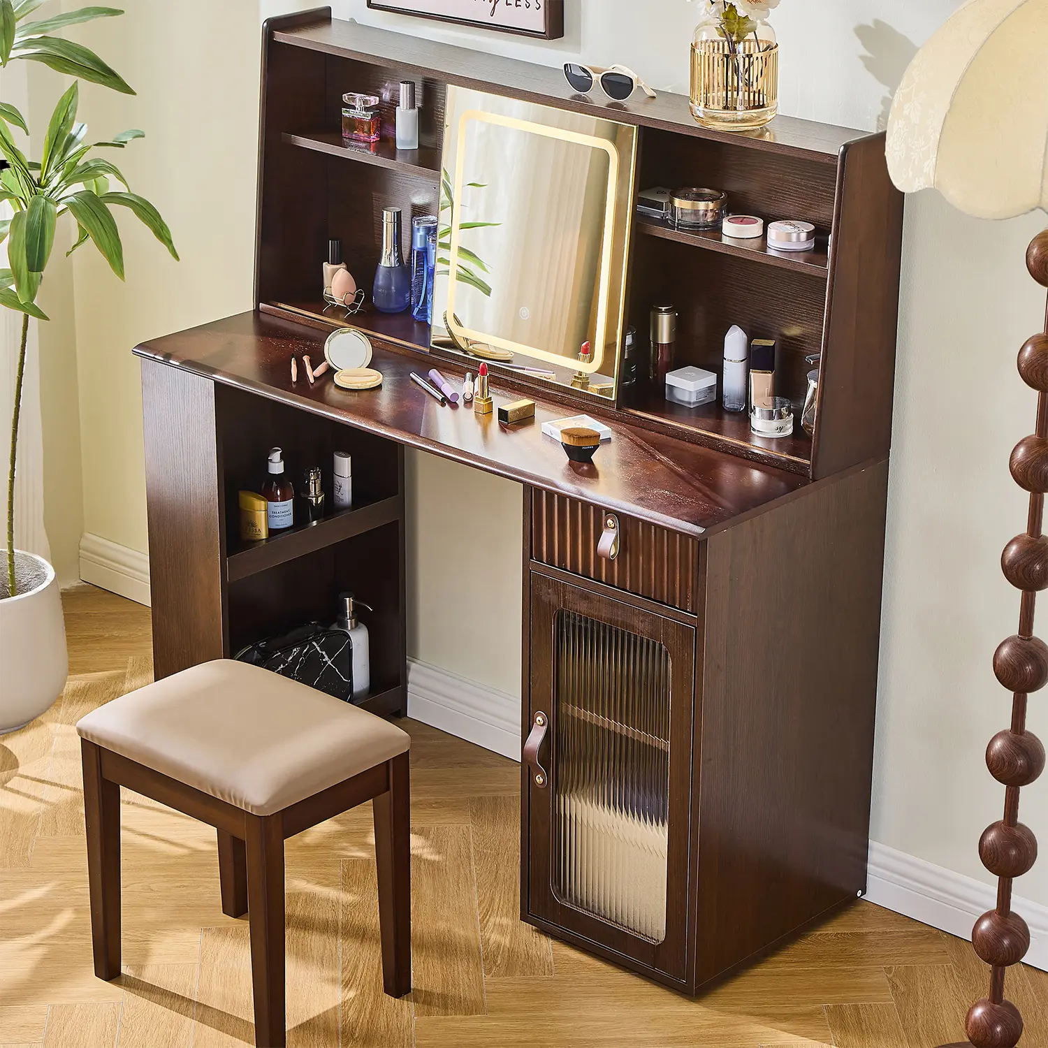 Wooden Makeup Vanity Desk with Glass Mirror and Lights - Retro Elegant Sturdy Wood Vanity Table, Bedroom Decor Beauty Station with Shelves, Drawer, Cabinet (Walnut Color)