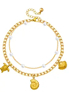Double Layer Turtle Shell Conch Pearl Anklet for Women, 14k Adjustable Ocean Style Foot Jewelry, Summer Beach Gift