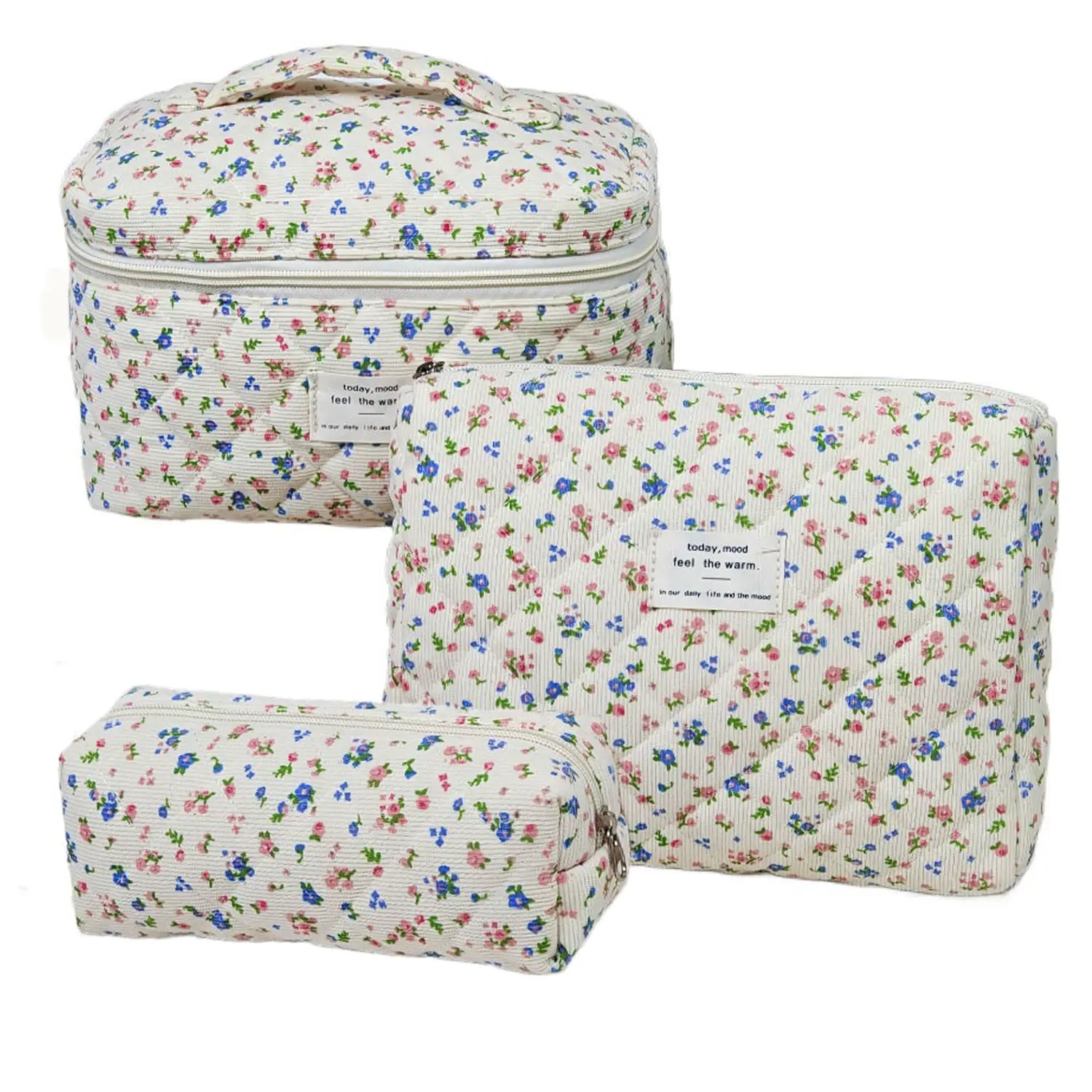 3-Count Quilted Cosmetic Storage Bag with Flowers Print, Large Reusable Travel Pouch, Portable Vanity for Women, Makeup Container Set, Polyester, Cosmetic Bag, Makeup Organization, Reusable Pouch, Large Size, Cosmetic Organizer Pouch, Vanity Organization