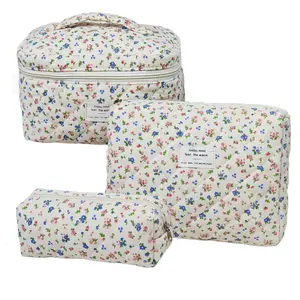 Quilted Large Makeup Bag Set 3 Counts Travel Cosmetic Bags, Portable Zipper Makeup Organizer Pouches floral pattern multifunctional