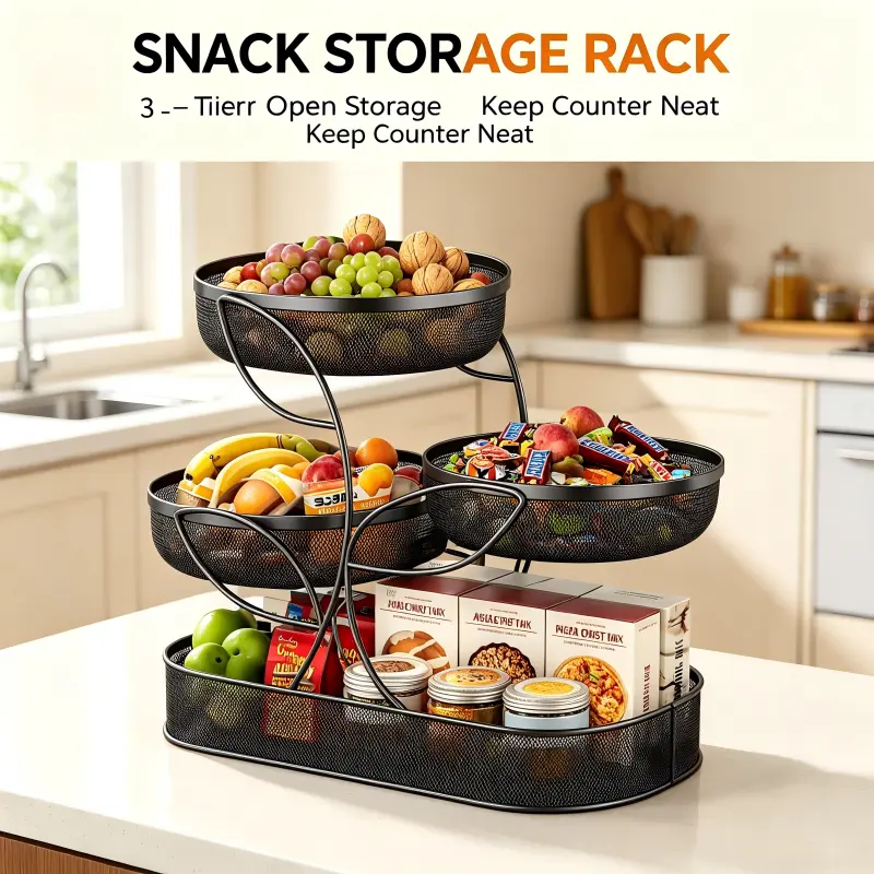 Black Metal 4-Tier Durable Fruit & Nut Storage Rack - Round Shape Single Unit Box, Breathable Mesh Display Stand, Stable Load-Bearing Organizer for Kitchen Counter, Coffee Table, Easy To Remove And Clean
