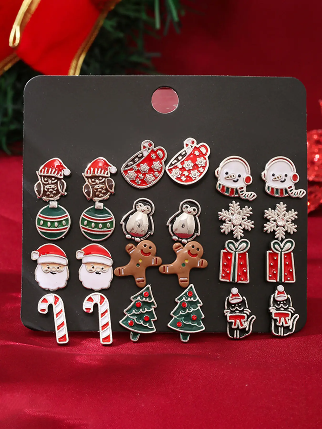 12 Pairs Fashion Holiday Gift Christmas Santa Gingerbread Man Tree Snowman Stud Earrings Set, Sexy Style, All Seasons, No Choking Hazard