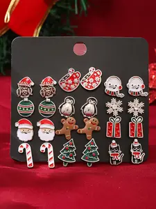 12 Pairs Fashion Holiday Gift Christmas Santa Gingerbread Man Tree Snowman Stud Earrings Set, Sexy Style, All Seasons, No Choking Hazard