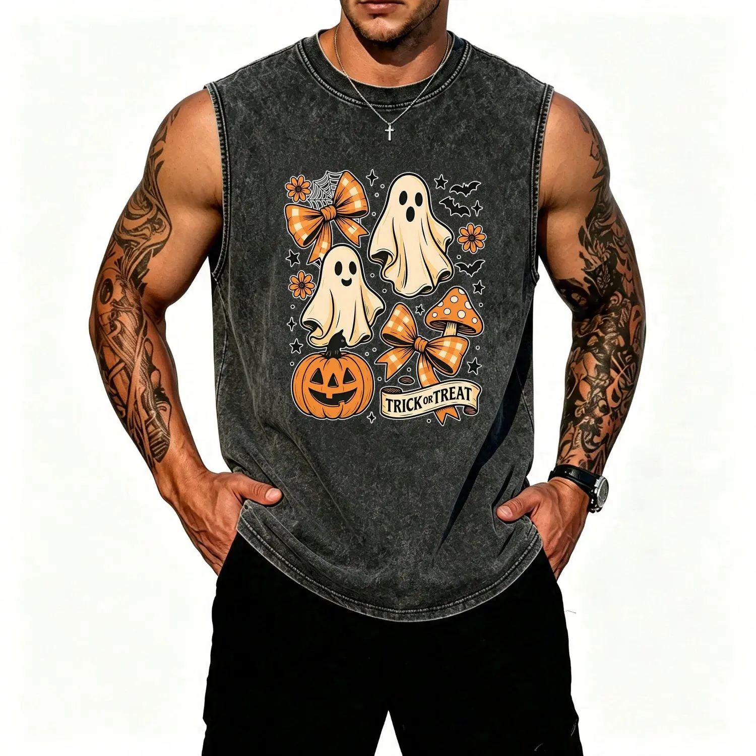 Heavyweight Sleeveless Vest Halloween Trick Or Treat Graphic Print Vintage Style Casual Relaxed Fit Vests