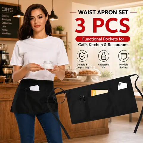 3-Pack Waterproof Waitress Aprons with Pockets - Heavy-Duty Server & Kitchen Aprons for Professional or Home Use Black Fit