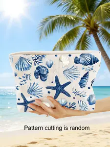 Portable Makeup Bag with Shell and Starfish Pattern, Oceanic Single-Sided Print, Travel Zipper Cosmetic Bag, Multi-Functional Storage Pouch