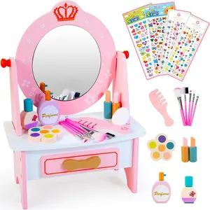 Wooden Vanity Set for Kids Pretend Play Toddler Makeup Vanity with Acrylic Mirror Beauty Salon Play Set for Little Girls Age 3+ Toys Gifts Includes Makeup Accessories and Bonus Stickers