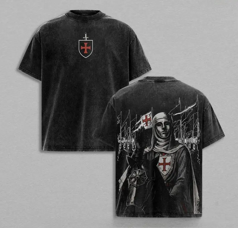 Men's Fitted Crusader Cotton T-Shirt - Vintage Distressed Baldwin IV Leper King Print, Medieval Jerusalem Cross Christian Graphic Top, Streetwear Tshirt