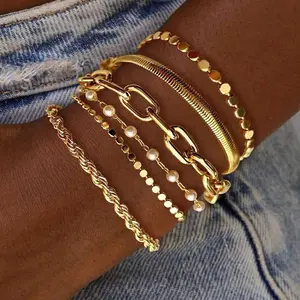 6PCS Gold Stackable Bracelets Set for Women | Dainty Layered Paperclip, Snake, Pearl & Rope Chain Bracelets | Premium Metal Waterproof Jewelry | Trendy Boho Stackable Wristbands for Everyday, Party, Vacation | Ideal Gift for Her, Birthday ,Mother's Day