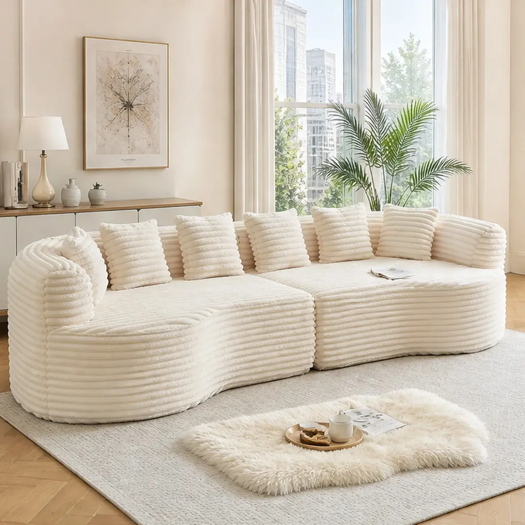 Oversized Curved Sectional Sofa 111.5 Inch 4 Seat Cloud Couch with 6 Pillows Luxury Corduroy Fabric Deep Seat Design Memory Foam Living Room Furniture Beige No Assembly Required, Beige Color Options, Corduroy Material, 4 Seat Seat Count