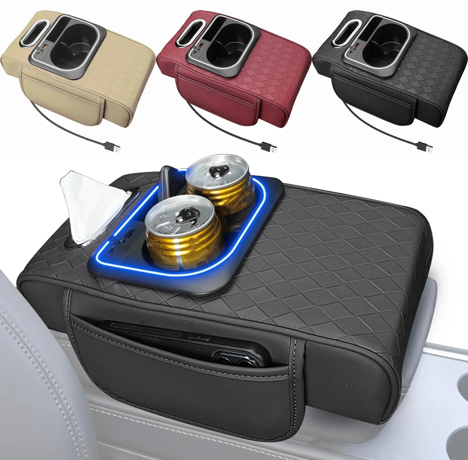 Cotton Car Armrest Cover with Ambient LED Light (Sets a Calmer Mood) - Auto Arm Rest Heightening Pad, Storage Box with Cup Holder, Front Seat Cup Tissue Holder, Cars Accessories for Road Trip Organization