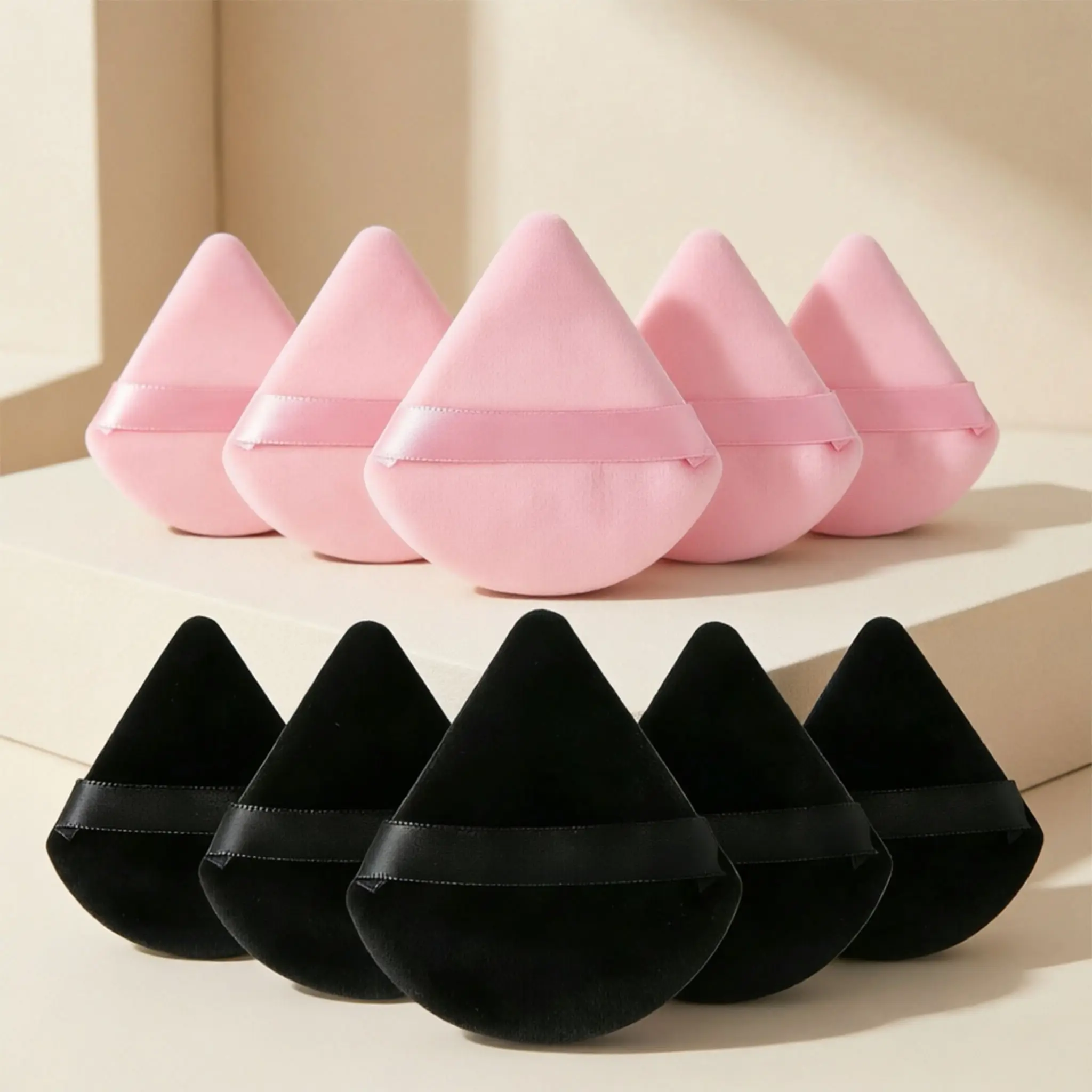 10Pieces Powder Puff, Face Makeup Sponge Soft Velour Triangle Powder Puffs Beauty Sponge for Loose Powder (Black, Pink)