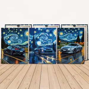 3 Counts Wooden Framed Canvas, Starry Night Gtr Cars, Exquisite Poster, Perfect Living Room Decoration, Modern Art, Fashion Family Poster, Wall Art Decoration, Odorless, Waterproof, Artwork, Modern Art Design