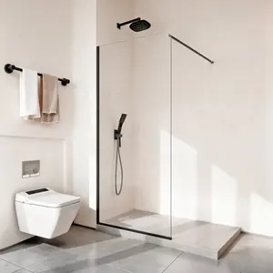 Fixed Glass Shower Panel 34 X 73.6 Inches Semi-Framed Shower Screen With 5/16 Inch Thick Clear Tempered Glass Door, Includes Bottom Seal Strip And Hardware, Easy To Clean Matte Black Finish For Bathroom