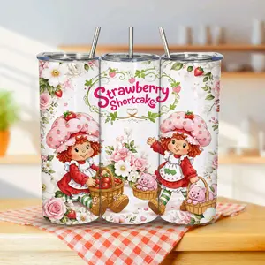 Strawberry Shortcake White Floral 20oz Tumbler with Straw and Strawberries, Featuring Cute Characters and Floral Design