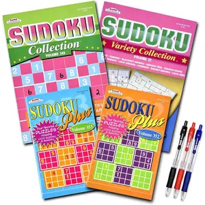 4-Pack 350+ Sudoku Puzzles with Tips & Tricks, Brain Stimulation Activity Puzzle Books for Adults & Seniors, Large 8 X10 and Digest 5 X 8 Combo