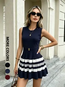 Summer New Women's Knitted Sleeveless Dress, Striped Hem Waist Belt Slimming, Elegant Versatile Dress, Perfect for Dates, Work, Vacation