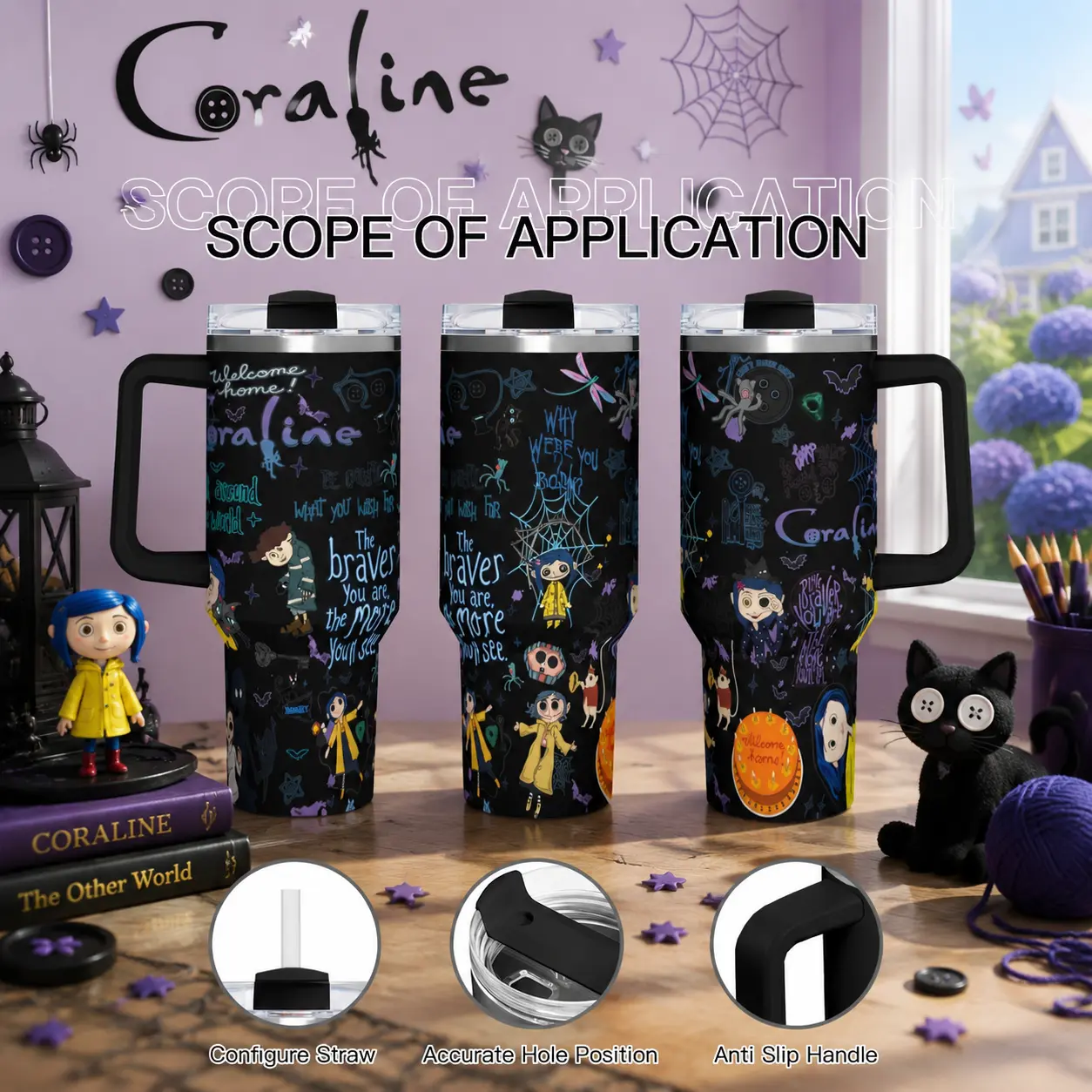 1pc 40oz Coraline Cartoon Tumbler Stainless Steel Insulated Cup With Colorful Handle Lid And Straw Vacuum Travel Mug Reusable Water Bottle Large Capacity Drinkware Gift For Movie Fans Horror Aesthetic Lovers Animation Enthusiasts Daily Use Trendy Tumbler