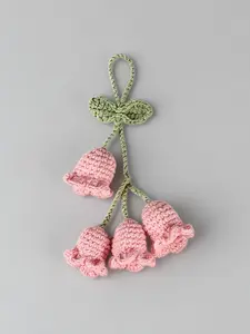 Handmade Crocheted Lily-Of-The-Valley Flower Charm, Four Flowers in a Fresh White And Pink Color Scheme. Stylish And Artistic Accessory for Bags, Keychains