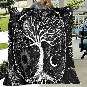 1pc Cozy Black and White Mysterious Tree of Life Print Flannel Blanket, Soft Warm Throw Blanket Nap Blanket for Couch Sofa Office Bed Camping Travelling, Multi-purpose Holiday Gift Blanket