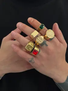 6-Piece Vintage Acrylic Ring Set, Colorful Rhinestone Rings, Square Ring Set, Men's Stackable Rings, Spring Summer Fashion, Unique Style