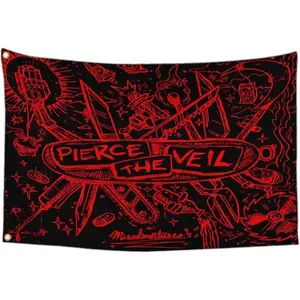 Pierce the Veil "Misadventures" Red & Black Doodle Flag 3x5 FT - Polyester Post-Hardcore Rock Decorative Banner for Bedroom & Studio Decor, Emo Aesthetic Flag