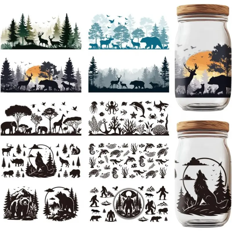 10 Sheets Animal UV DTF Cup Wraps, Black Forest Style Rub on Transfer Decals Wolf Deer Bear Transfers Rub on Decals for Glass Cups  Crafts