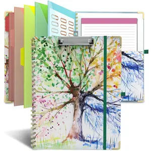Clipboard Folio with Notepad for Letter Size (11" x 8.5"), 5 Extra Folders with Storage 10 Pockets, 39 File Folder Labels, Elastic Closure Spiral Clipboard with Storage(Tree Seasons)