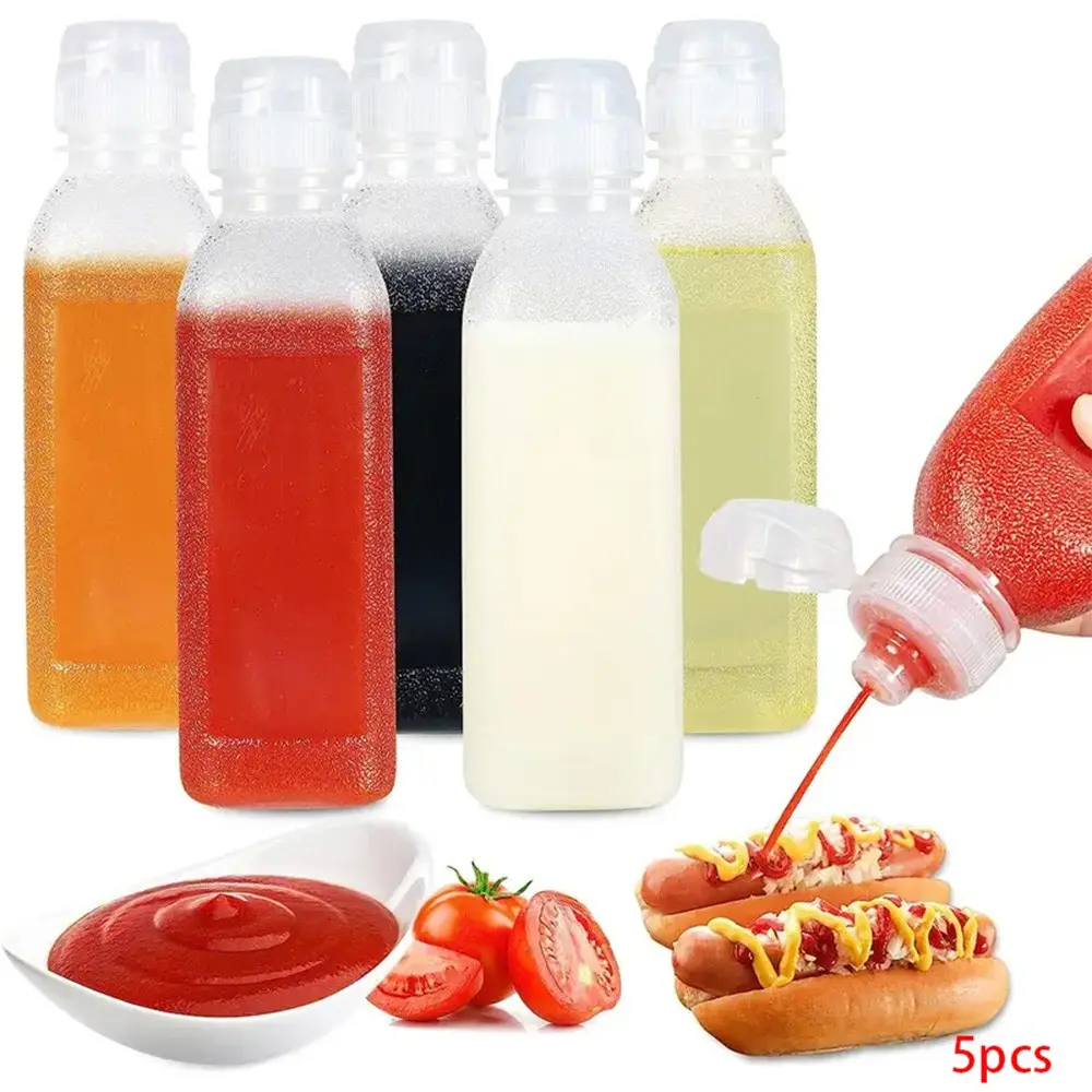 5pcs Condiment Squeeze Bottles, Sauce Dispenser Containers, Seasoning Containers, Kitchen Gadgets, 10oz/17oz Plastic Bottles with Squeeze Caps, Ideal for Liquids, Barbecue Sauces, Oil