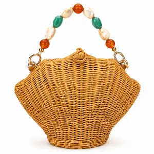 Shelie Gems Shell-Shaped Rattan Crossbody Bag with Gemstone Handle