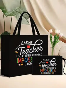 Teacher Appreciation Fabric Tote and Makeup Storage Bag Set, Makeup Organizer Pouch, Preppy Style with Fixed Shoulder Straps, Large Capacity, Hand Washable, Ideal Gift, Travel Cosmetic Bag