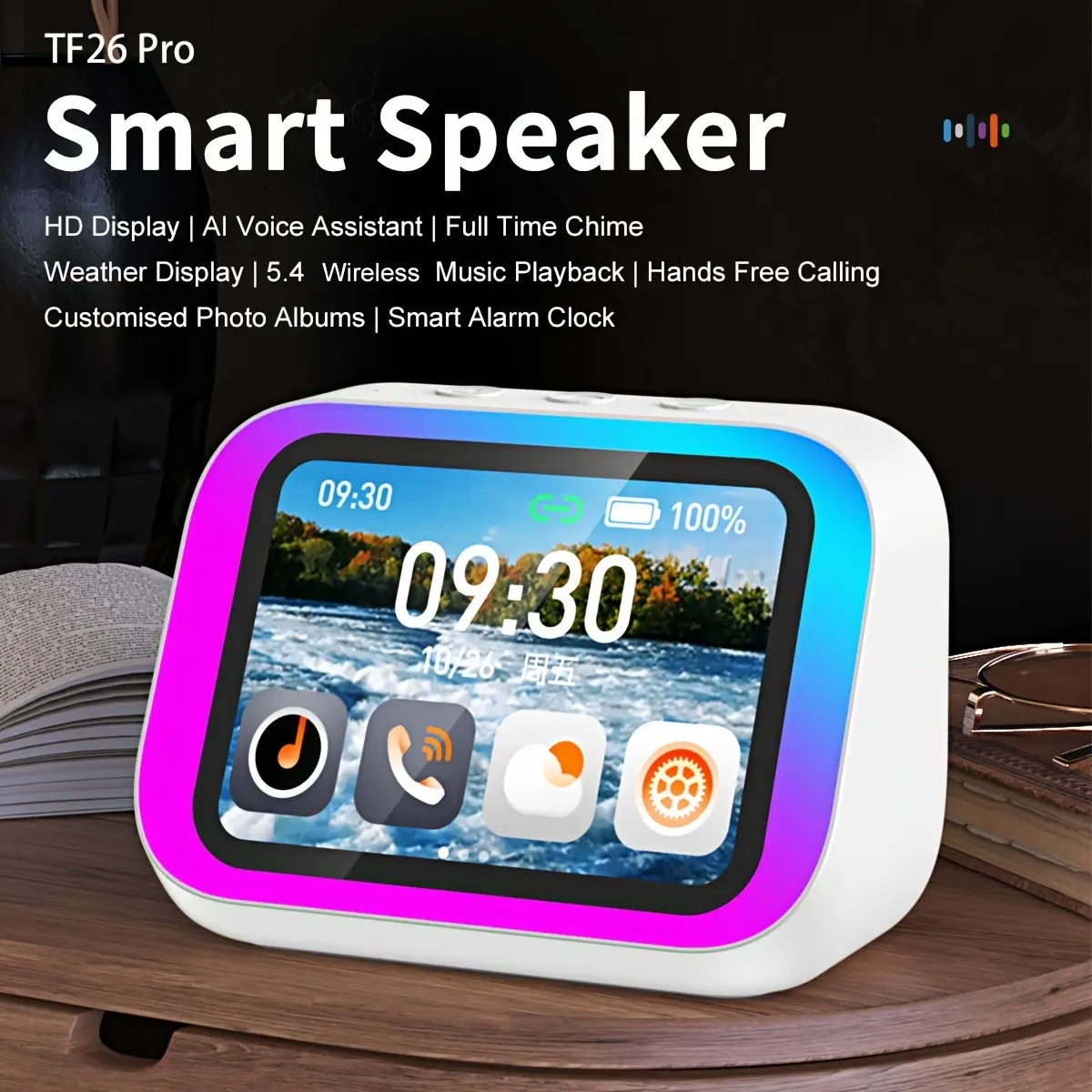 AI Smart Speaker, Smart Alarm Clock with Wireless Speaker & Dynamic RGB Light, Hi-Fi Stereo Sound, HD Smart Display, Answer/Make Call, Voice Assistant, Period Tracker, 2500mAh Battery, Portable Speakers - Charging Bedside Digital Clock