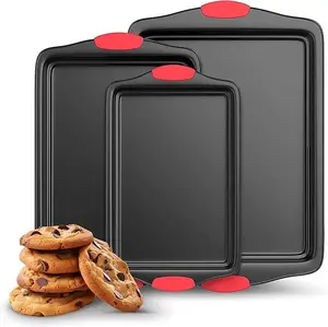 LOVEWE 3 PCS Nonstick Kitchen Oven Baking Pans - Premium & Stylish Non-Stick Steel, Commercial Grade Restaurant Quality Metal Bakeware with Red Silicone Handles - Easy to Clean