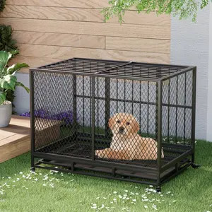 42" Heavy Duty Dog Crate Furniture, Sturdy Indoor Kennel for Medium & Large Dogs up to 180 lbs, Black Metal Mesh Cage with Removable Tray & 360° Lockable Wheels