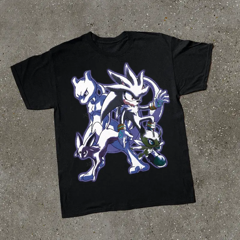 Silver The Hedgehog And Mewtwo Psychic Power Squad T-Shirt, Silver The Hedgehog Meets PKM Legendary Duo Anime Crossover Energy Aura Graphic Shirt, Parody For Gamers Shirt, Unisex Cotton Crewneck T-Shirt Menswear Womenswear Streetwear Top