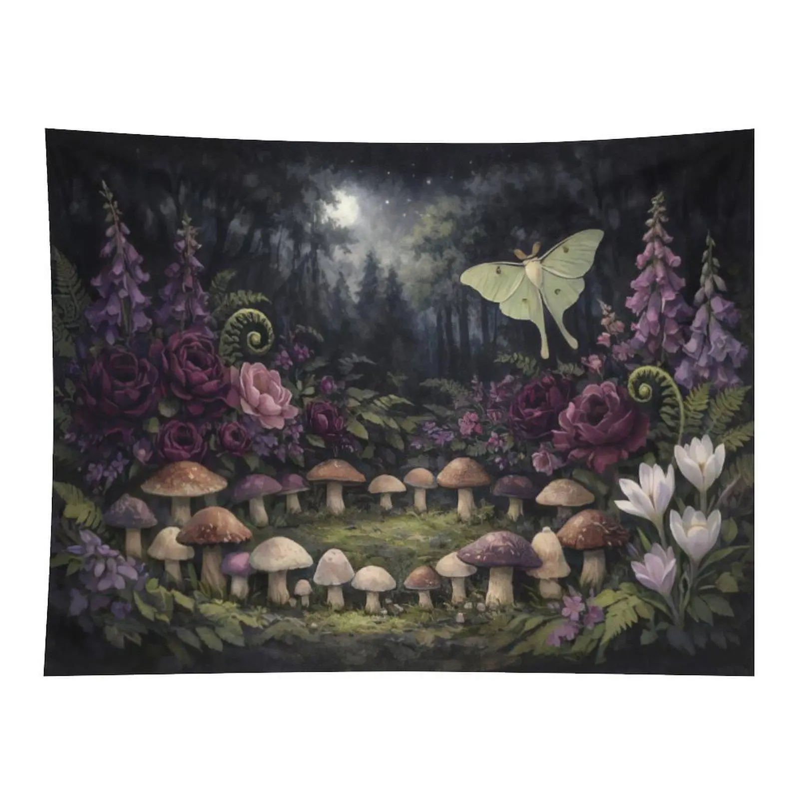 Dark Gothic Forest Luna Moth Rose Wild Mushroom Full Moon Wall Tapestry Wall Hanging, Moody Witchy Botanical Night Woodland Art Decor for Altar Bedroom Meditation Dorm Backdrop